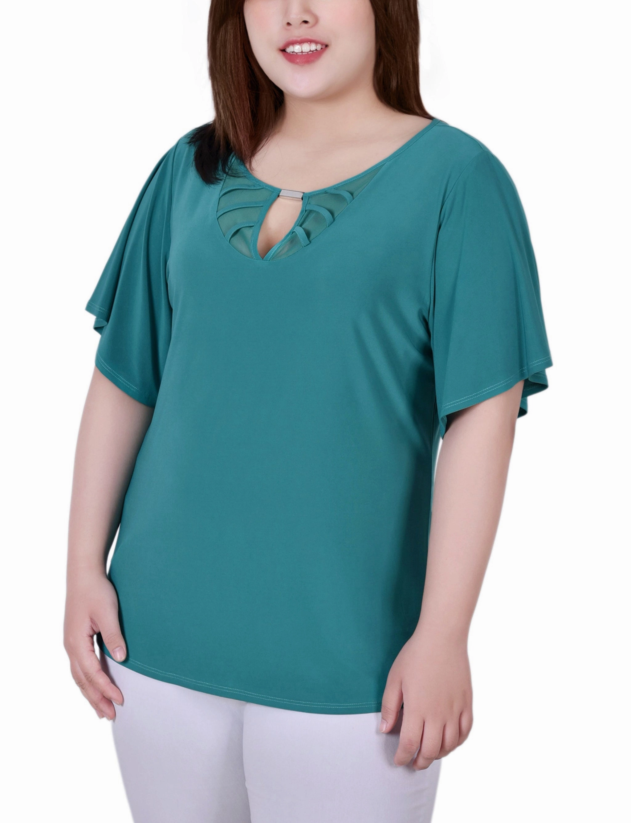 Timeless elegance Plus Size Mesh Flutter Sleeve Knit Top