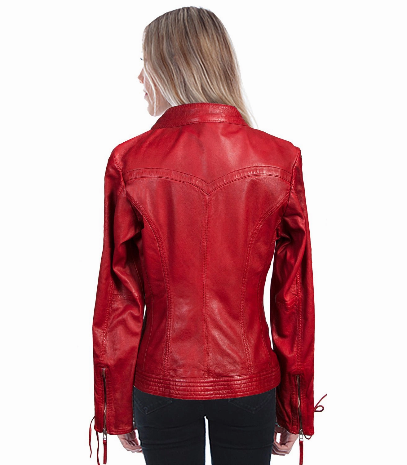 DoubleLayeredHem Scully Womens Red Lamb Leather Laced Sleeve Jacket