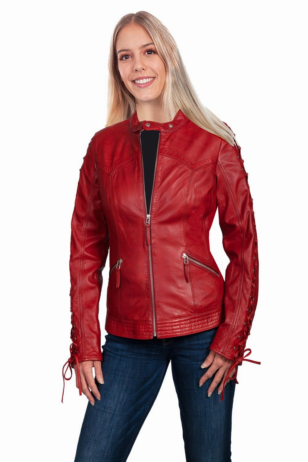 Scully Womens Red Lamb Leather Laced Sleeve Jacket All Day Wear