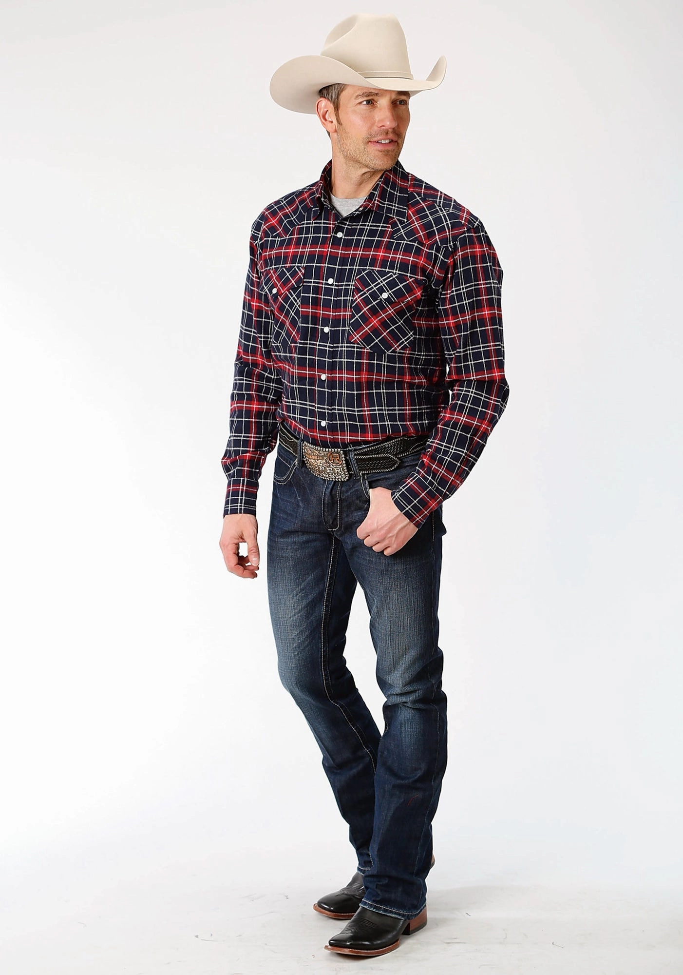 Roper Mens Navy/Red 100% Cotton Plaid Flannel L/S Tall Shirt Functional Fashion