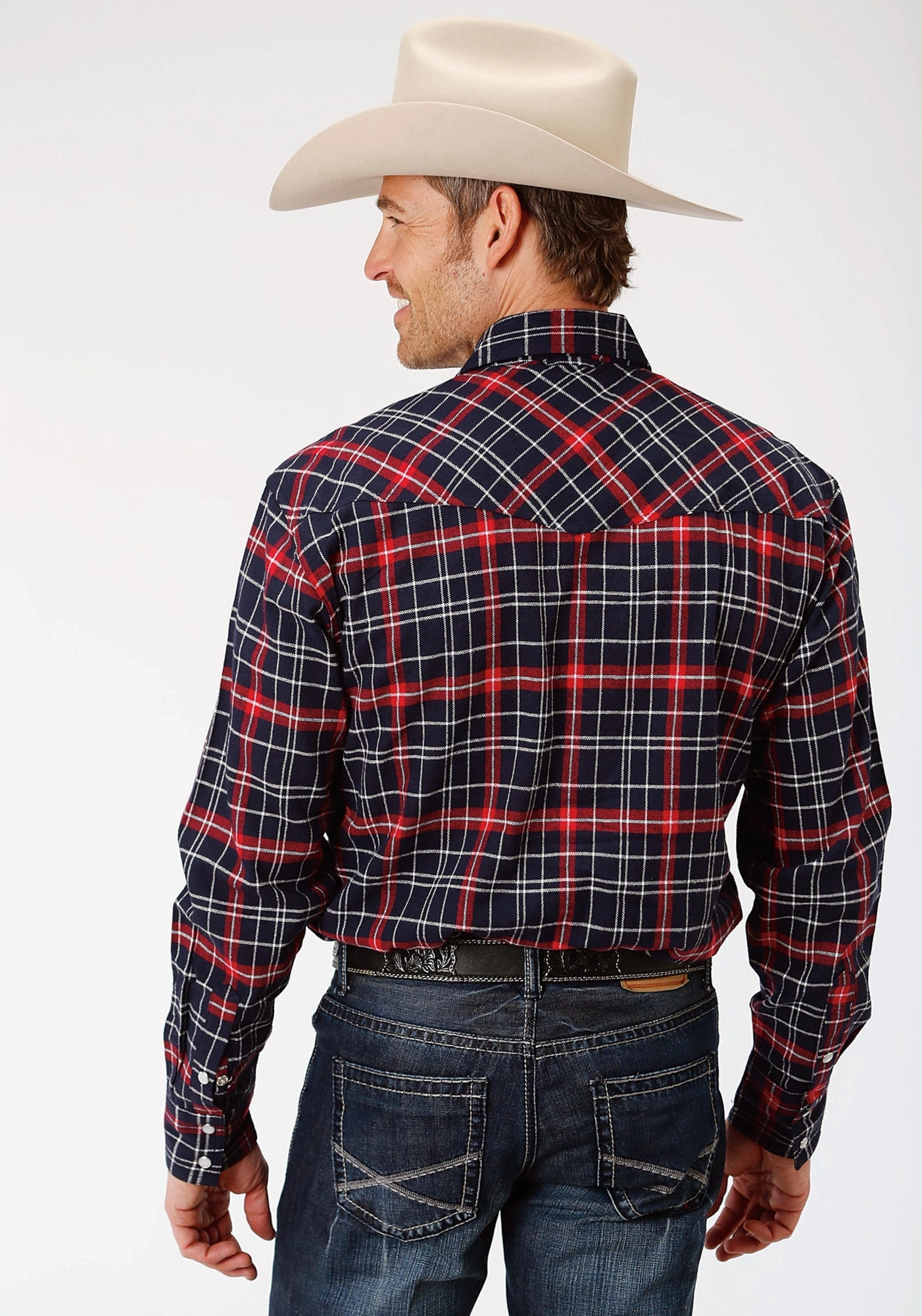 Coffee Run Adjustable Cuff Closure Roper Mens Navy/Red 100% Cotton Plaid Flannel L/S Tall Shirt