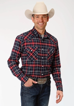 All Purpose Weave Design Reinforced Elbow Patches Roper Mens Navy/Red 100% Cotton Plaid Flannel L/S Tall Shirt