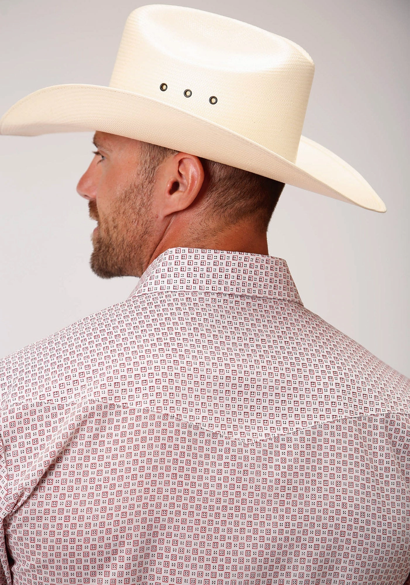 Roper Mens White Cotton Blend Mini Block Print L/S Shirt Geometric Print