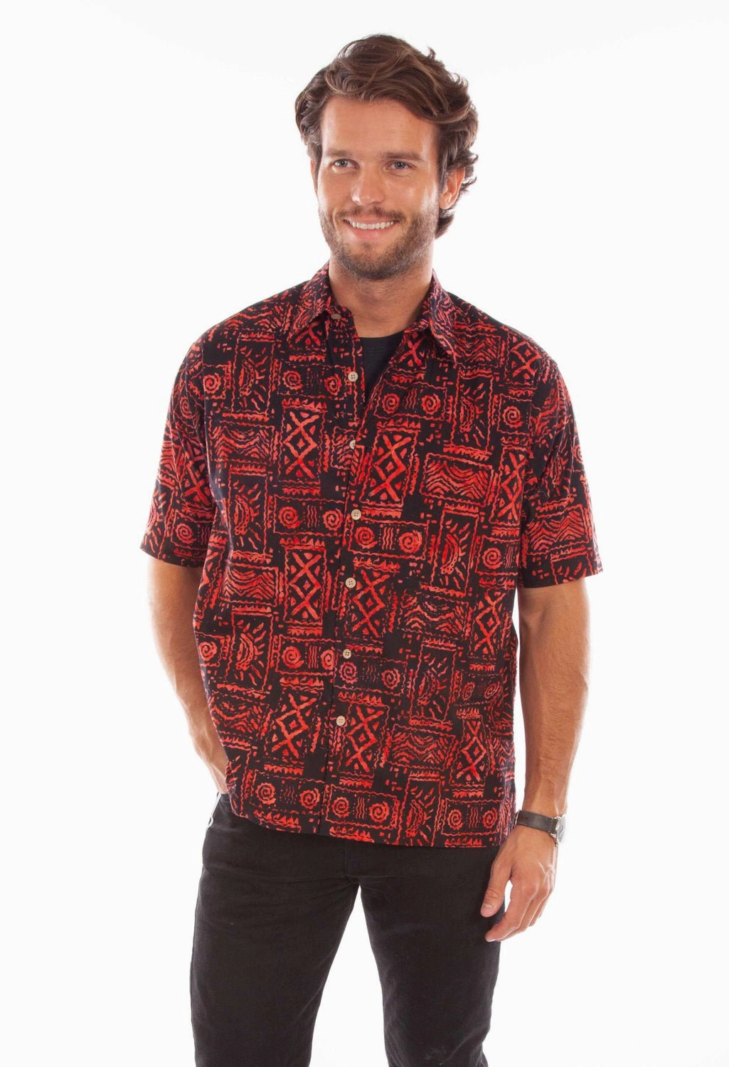 Casual Comfort Urban Fashion Scully Mens Batik Tribal Red 100% Cotton S/S Shirt