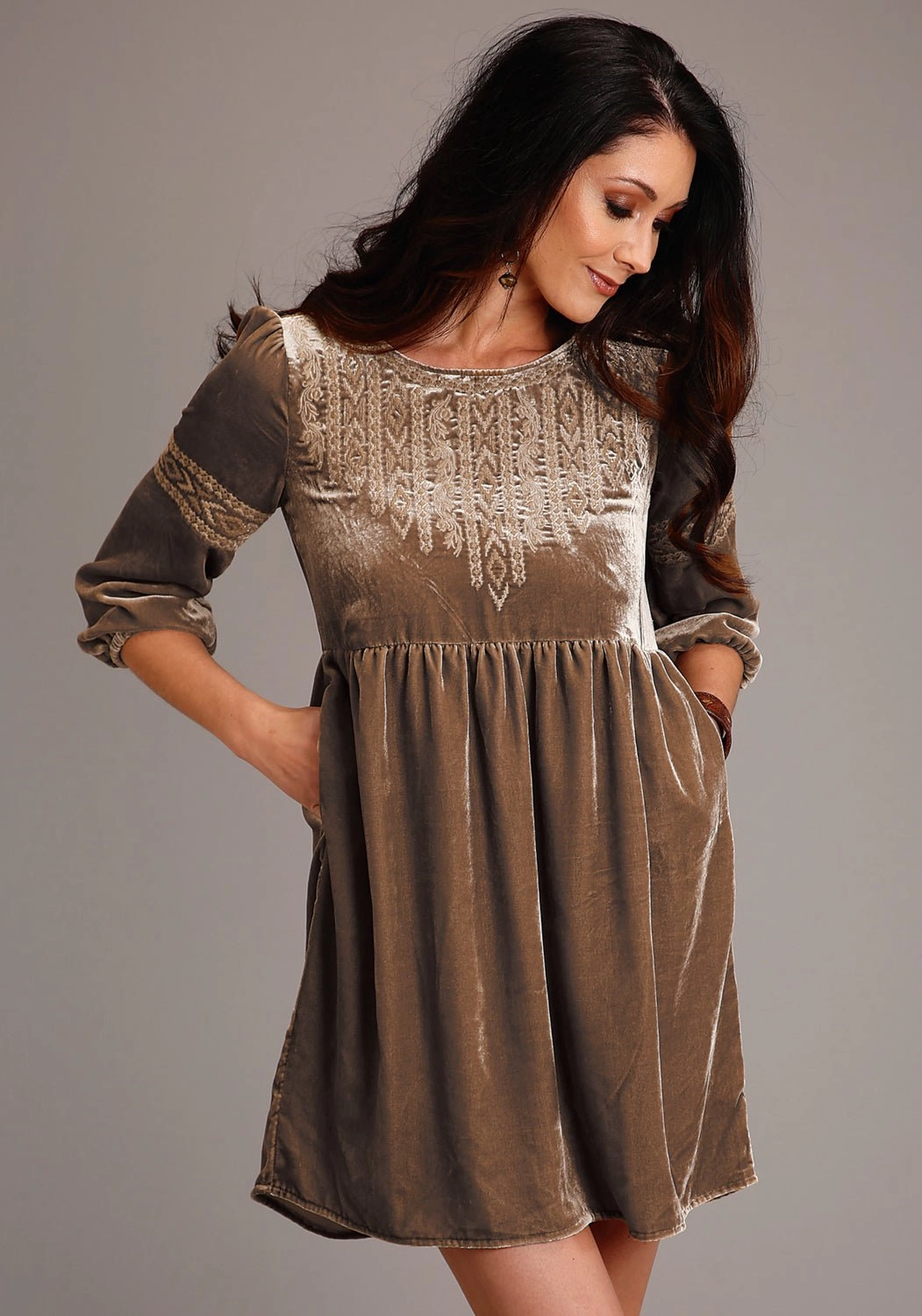 Stetson Womens Khaki Rayon Velvet Baby Doll S/S Dress Smart Casual