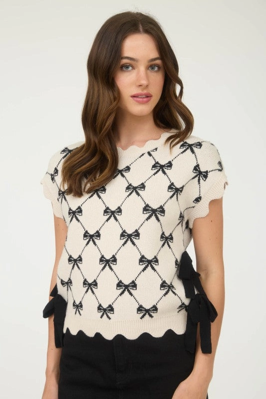 Becky Bow Pattern Short Sleeve Side Tie Knit Pullover LowMaintenanceMaterial