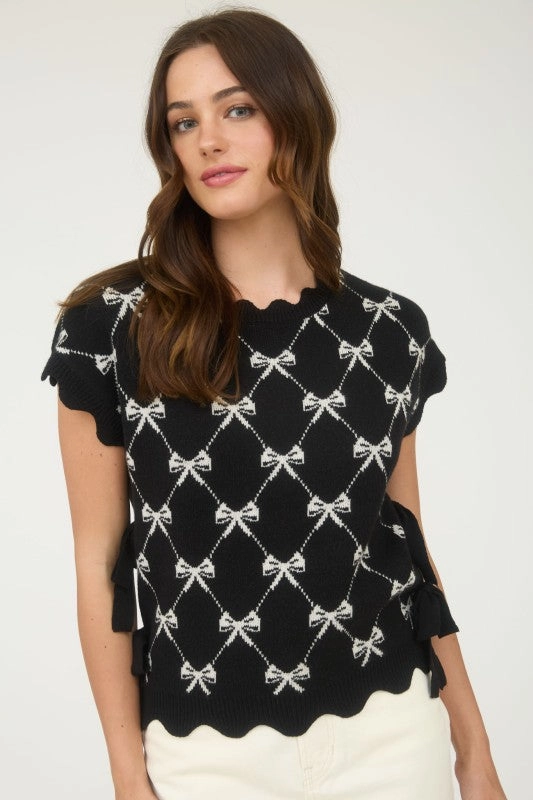 Becky Bow Pattern Short Sleeve Side Tie Knit Pullover HighNeck