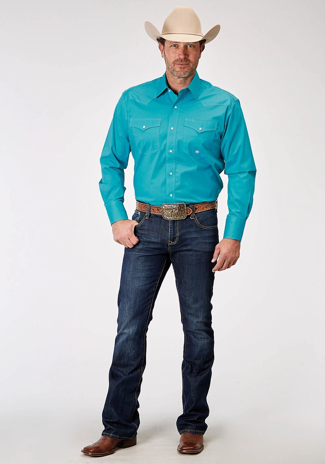 Non Restrictive Armhole Roper Mens Poplin Stretch Turquoise Cotton Blend L/S Shirt