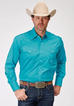 Roper Mens Poplin Stretch Turquoise Cotton Blend L/S Shirt City Exploration