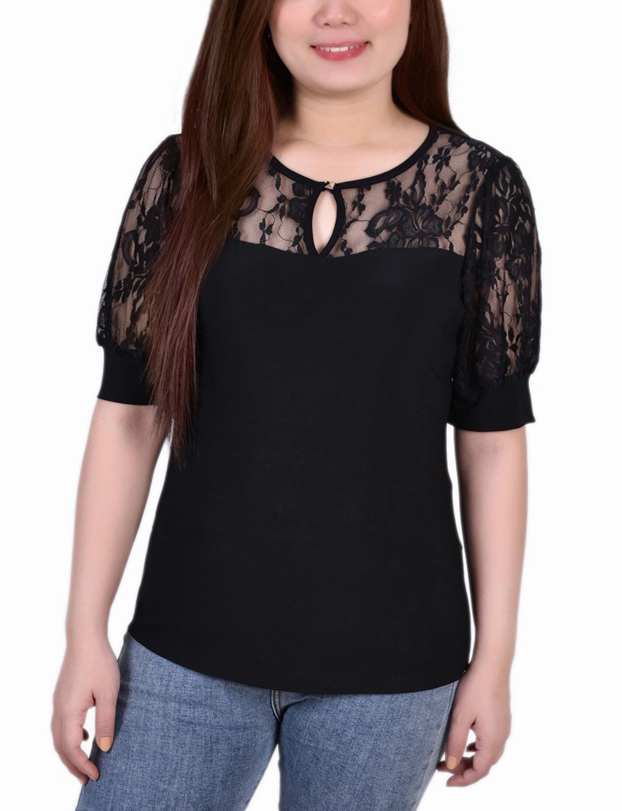 EasyCareMaterial Petite Short Puff Sleeve Top With Lace Sleeves And Yoke