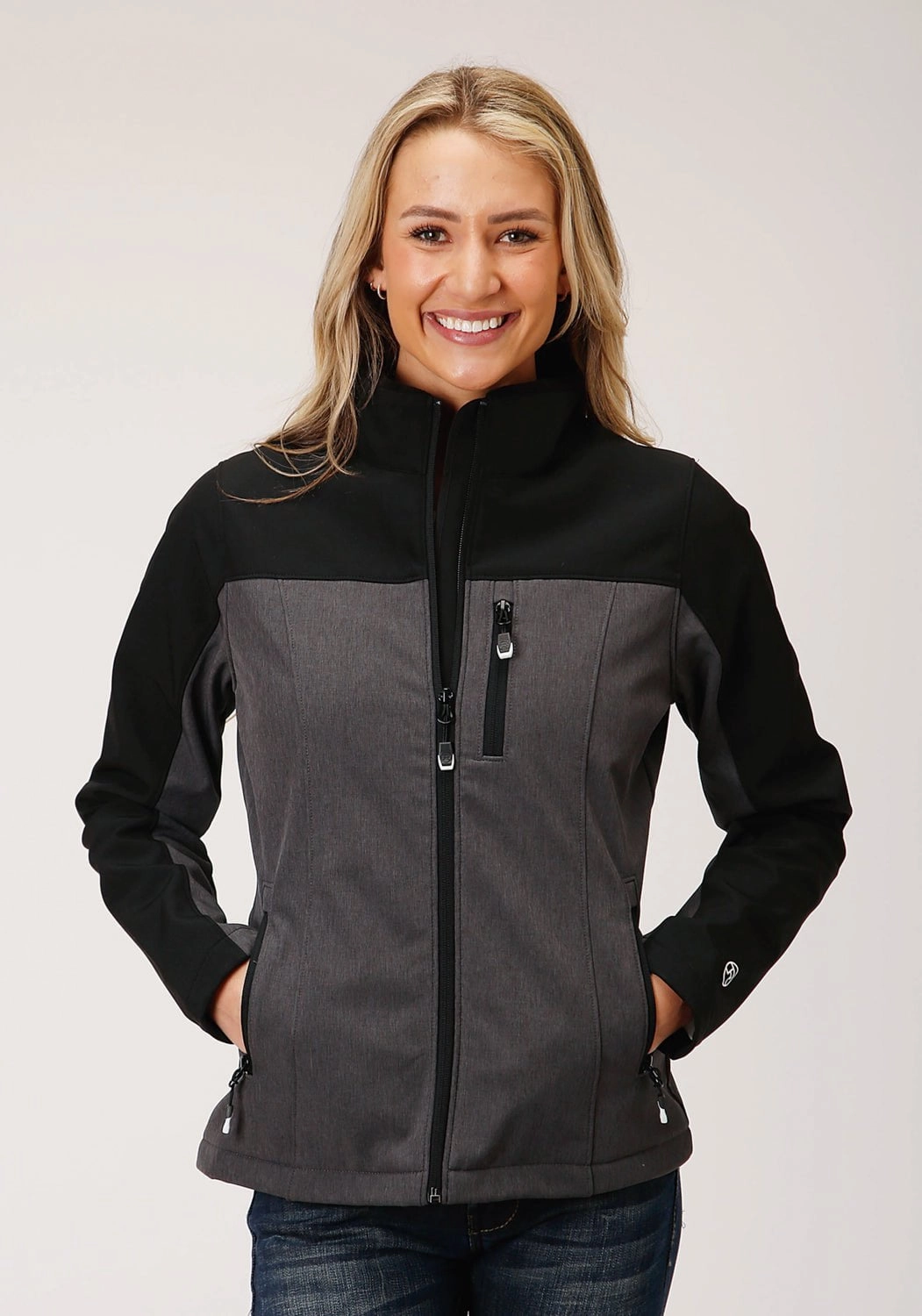 Roper Womens Grey/Black Polyester PCD Softshell Jacket Sun Protection Fabric Classic Ribbed Cuffs