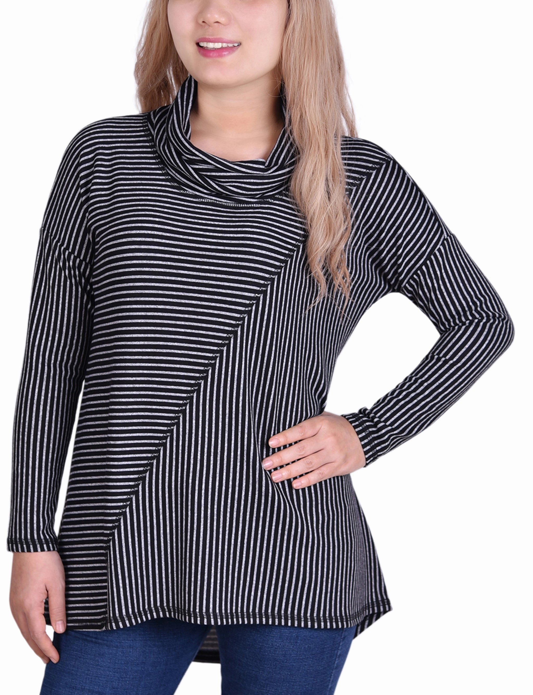 Long Sleeve Mini Striped Seamed Cowl Neck Top SeamlessConstruction