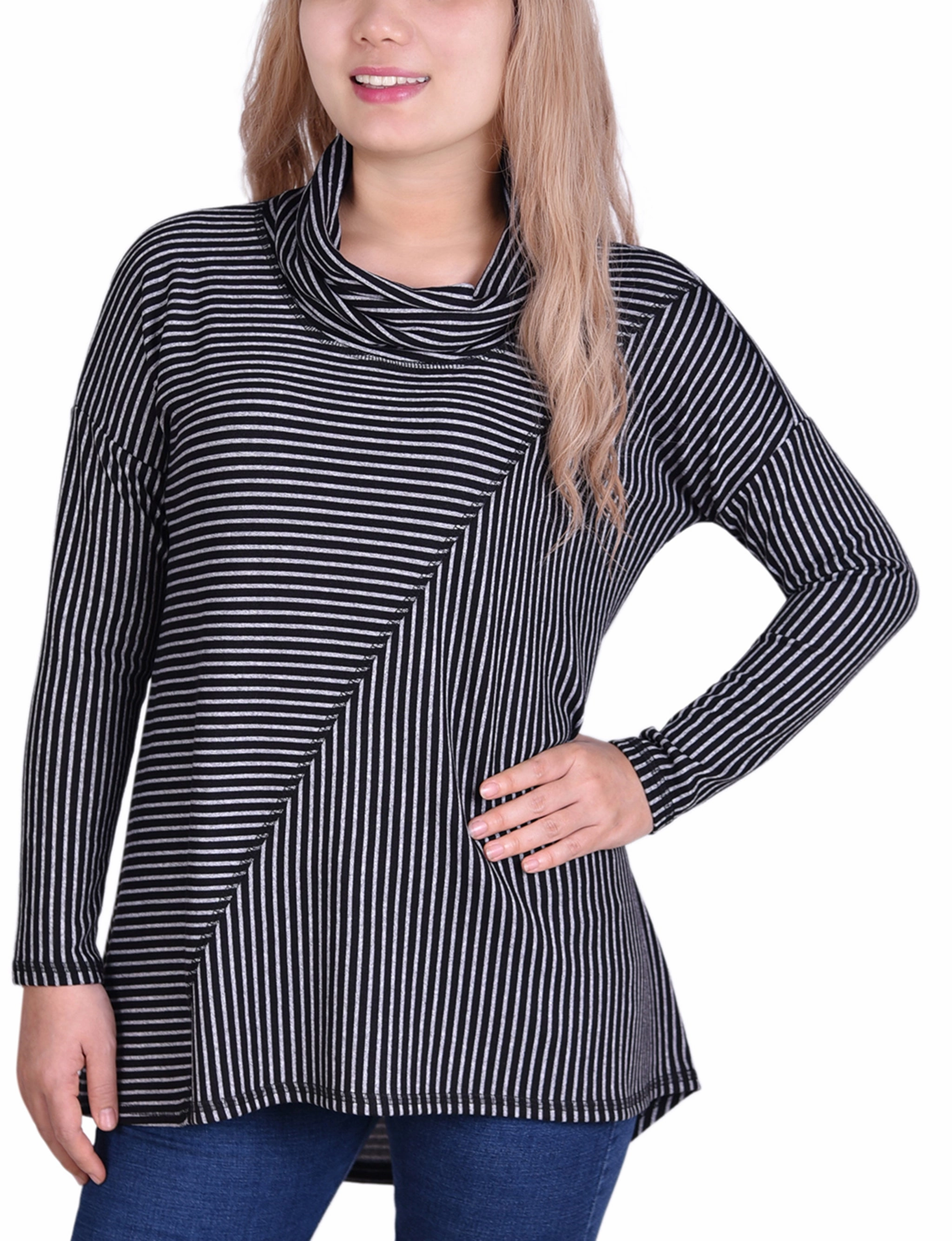 TearResistant Long Sleeve Mini Striped Seamed Cowl Neck Top