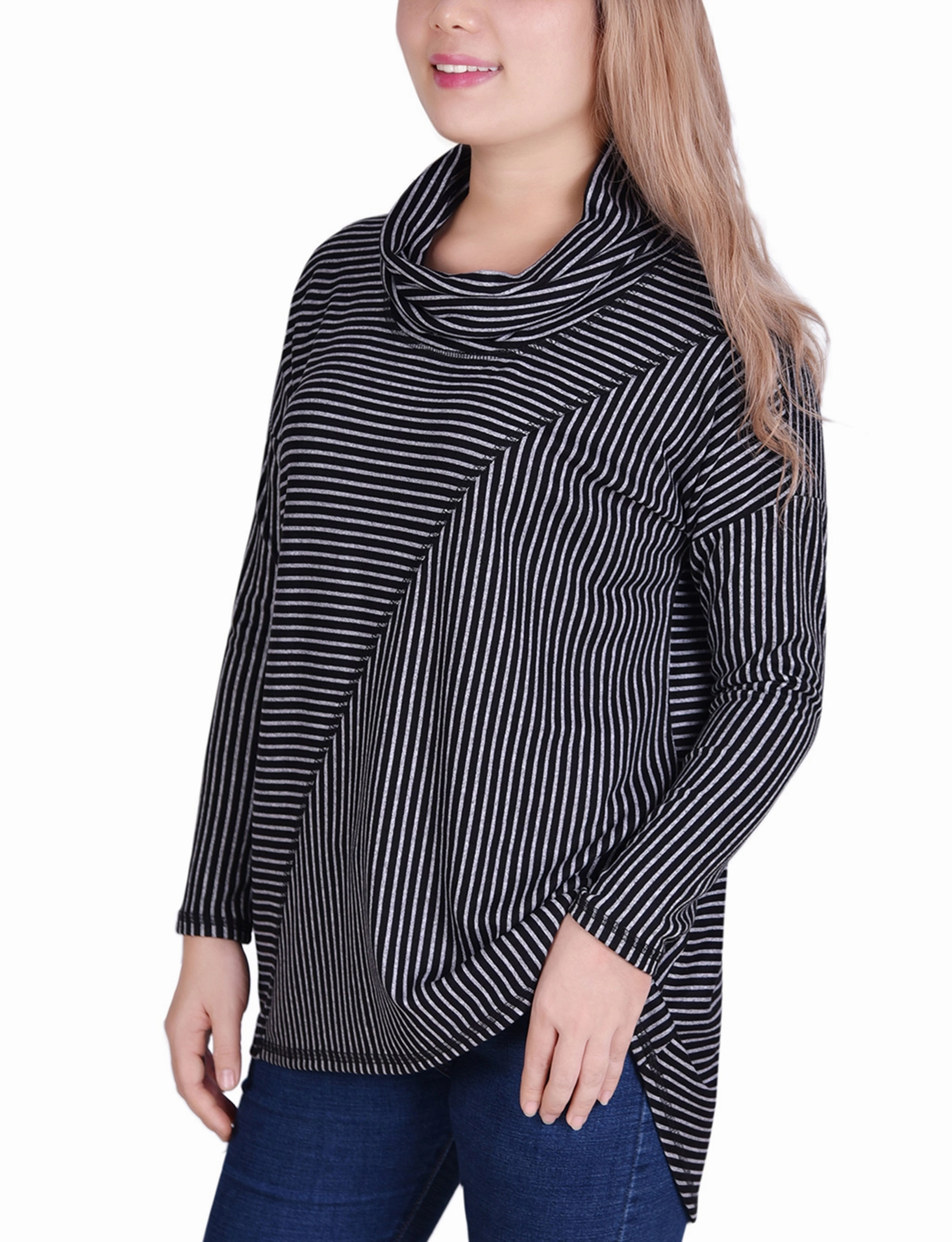 Long Sleeve Mini Striped Seamed Cowl Neck Top MicrofiberTech