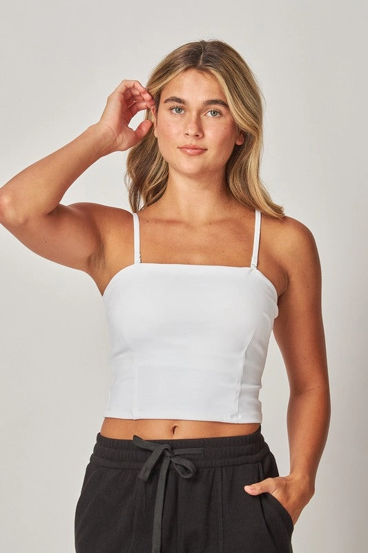 Ribbed Knit Fabric Clay Double Layered Spaghetti Strap Padded Tube Top