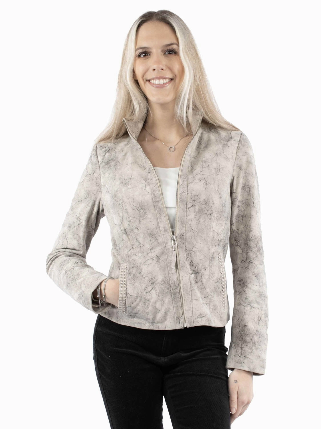 Ergonomic Drape Modern City Outfit Scully Womens Stonewashed Stand Up Grey Leather Leather Jacket