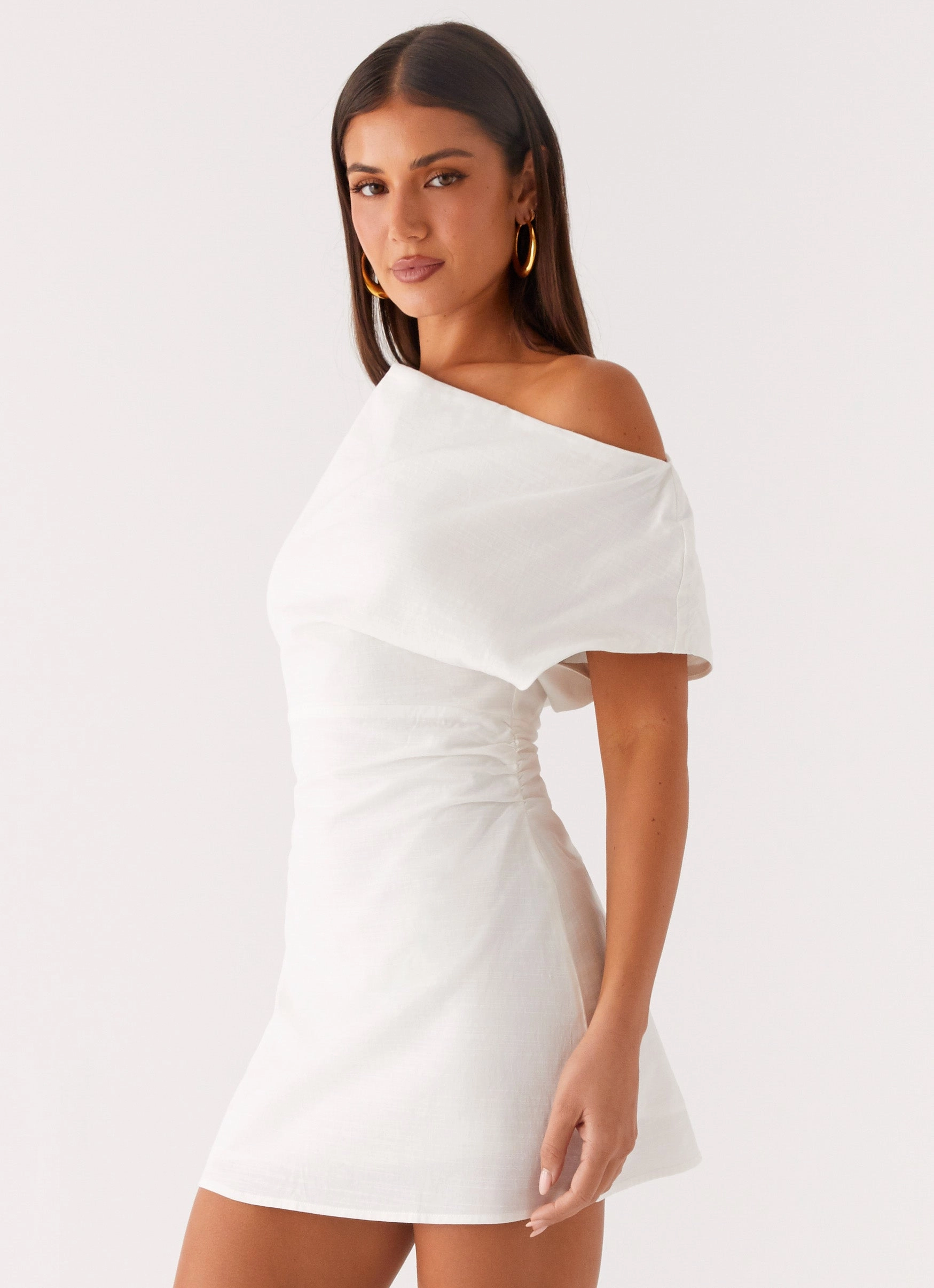 Moonlight Oasis Asymmetrical Mini Dress - Off White Stand Collar Versatile Winter Outerwear