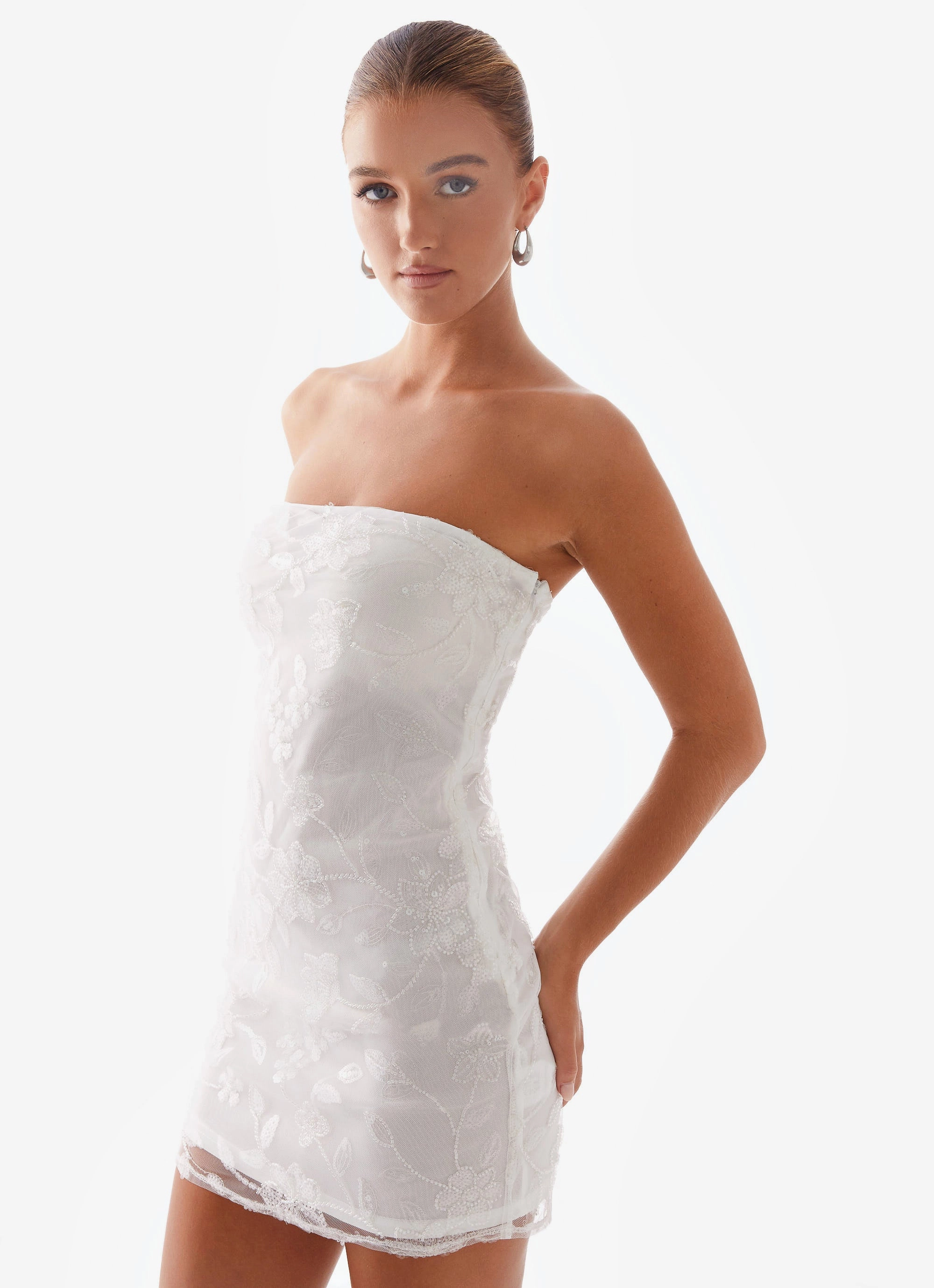 Travel Staple Moorey Beaded Mini Dress - White Silver