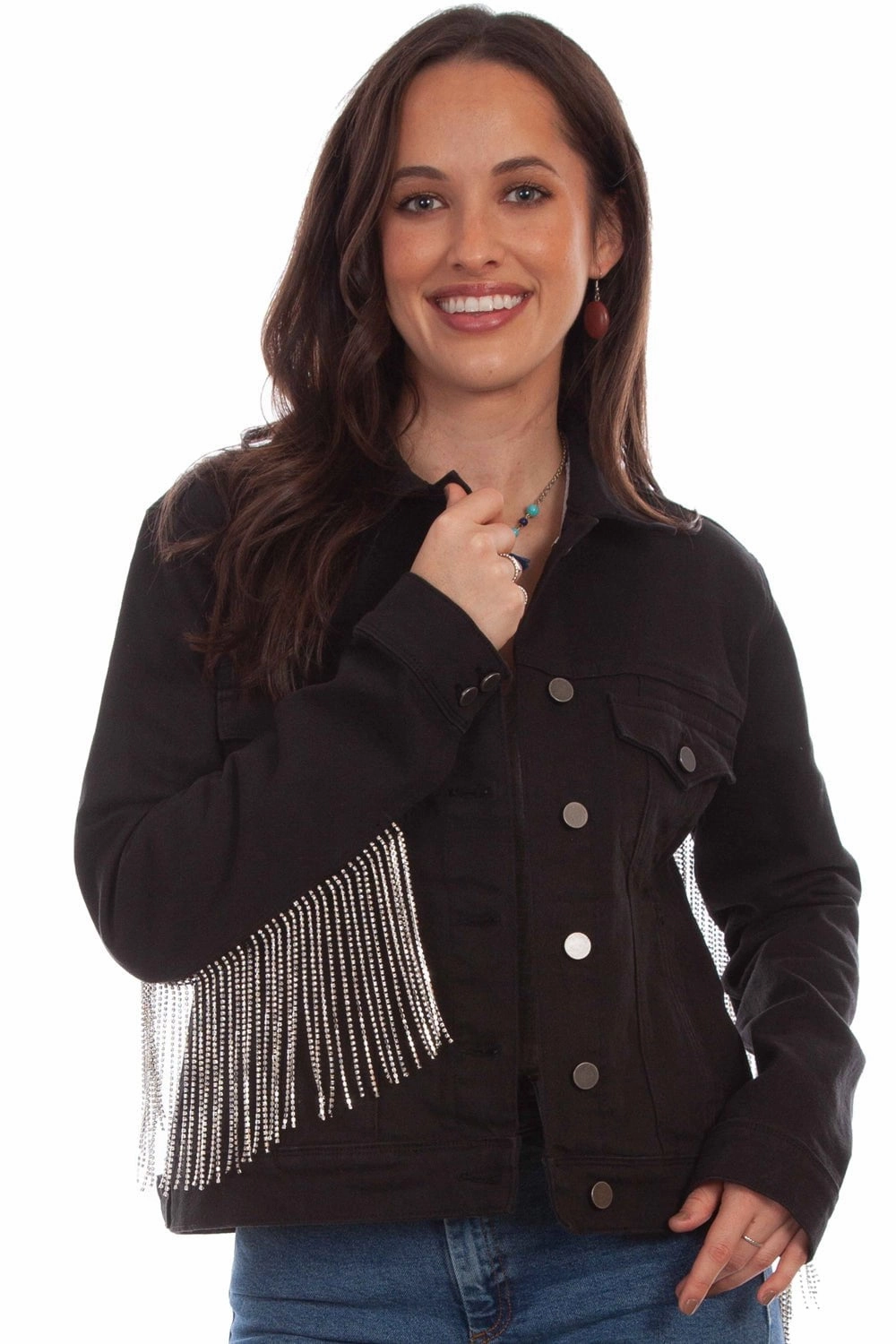 Scully Womens Black Cotton Blend Rhinestone Fringe Denim Jacket ConvertibleCollar