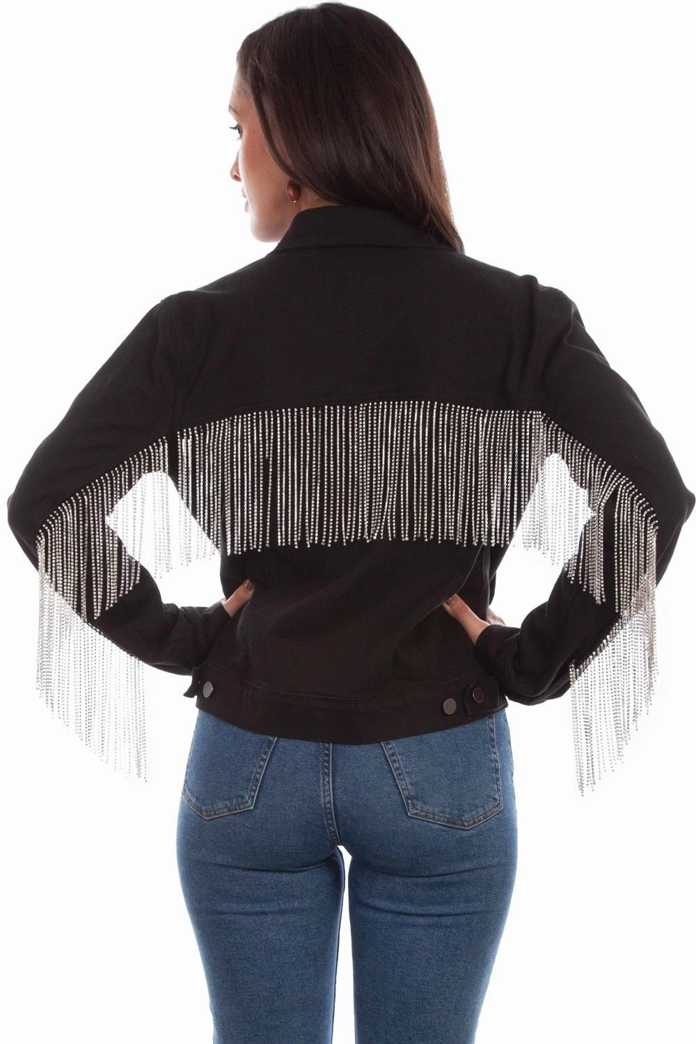Sporty Casual Flexible Knit Scully Womens Black Cotton Blend Rhinestone Fringe Denim Jacket