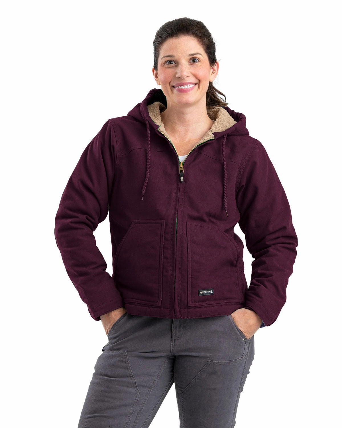 Reversible Dual Layer Zippered Vents Berne Apparel Womens Sherpa-Lined Duck Hooded Plum 100% Cotton Jacket