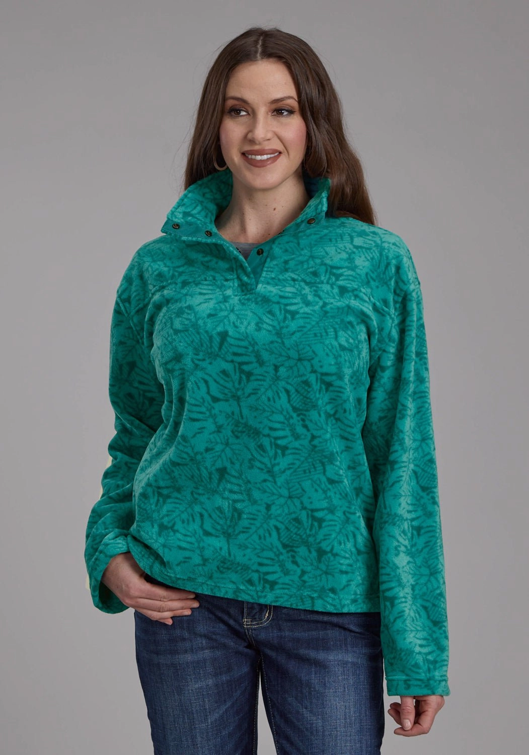 ThermalInsulation Crisp Walk Look Roper Womens Tropical Print Jade 100% Polyester Fleece Jacket