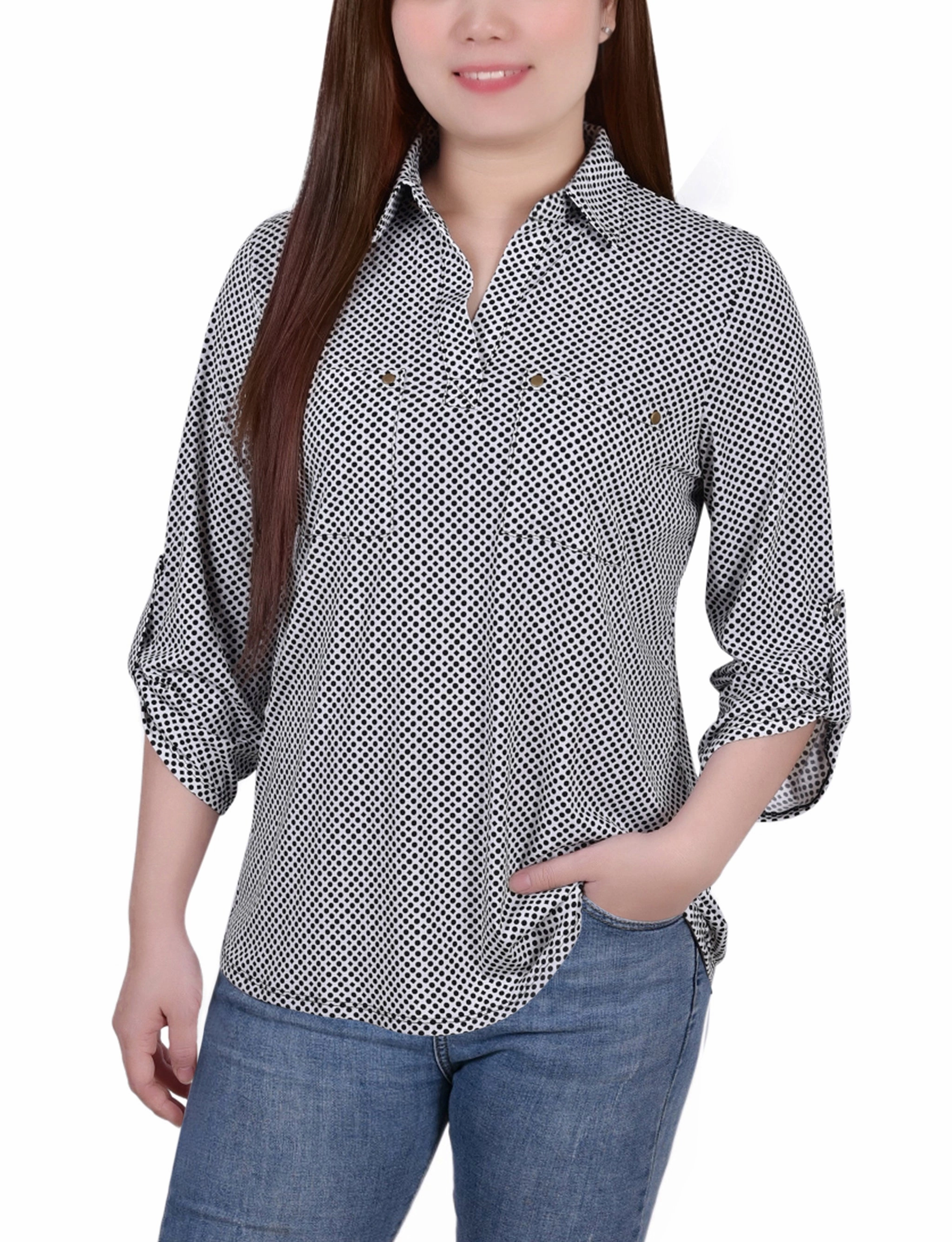 3/4 Roll Tab Sleeve Studded Y Neck Top Flexible Neckline AthleisureReady