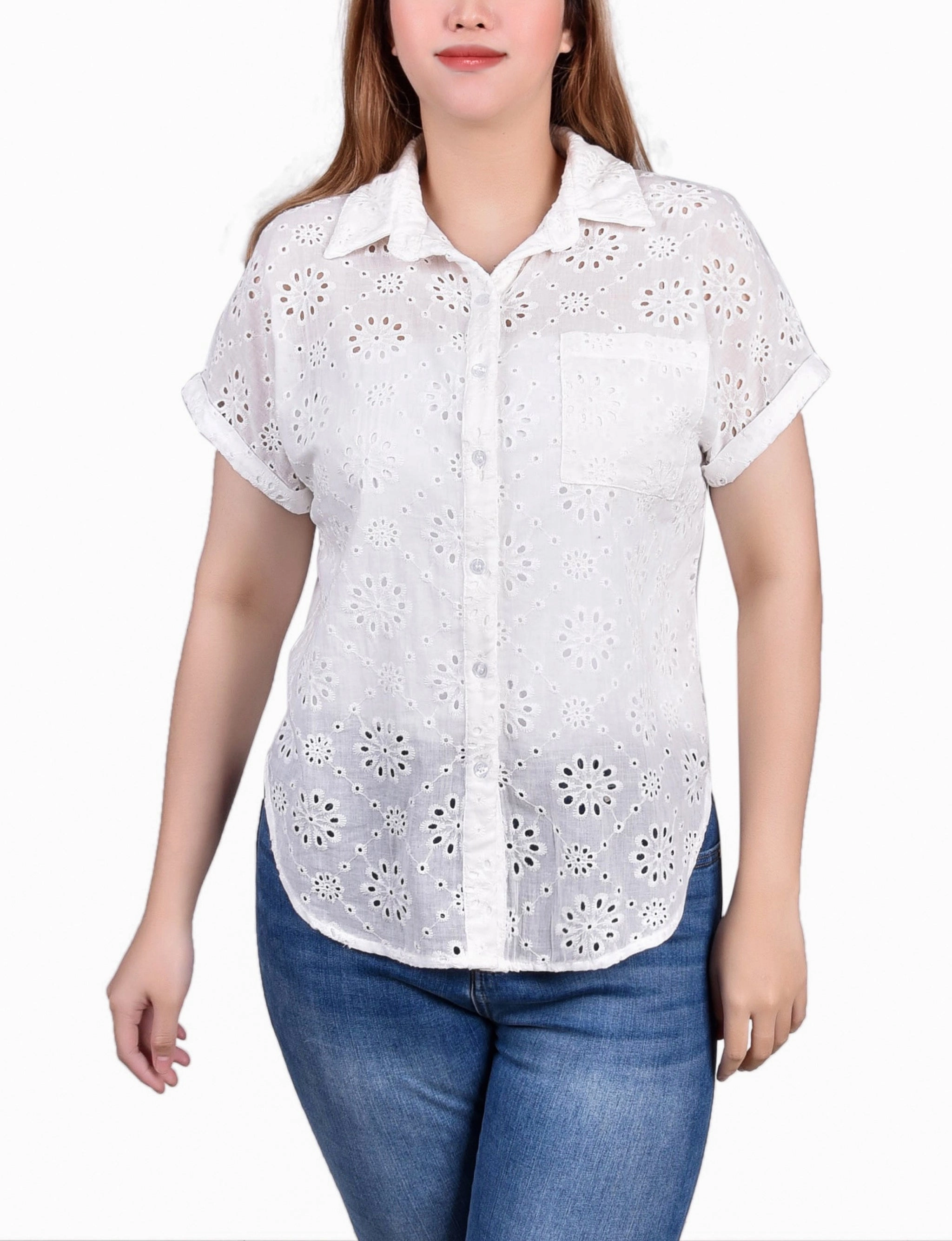 TearResistant Non Chafe Armholes Short Sleeve Eyelet/Jersey Blouse