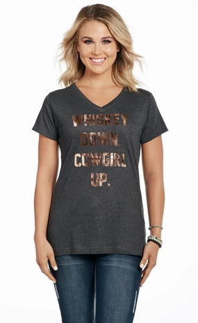 Cowgirl Up Womens Whiskey Down Heather Grey 100% Cotton S/S T-Shirt Fall Foliage