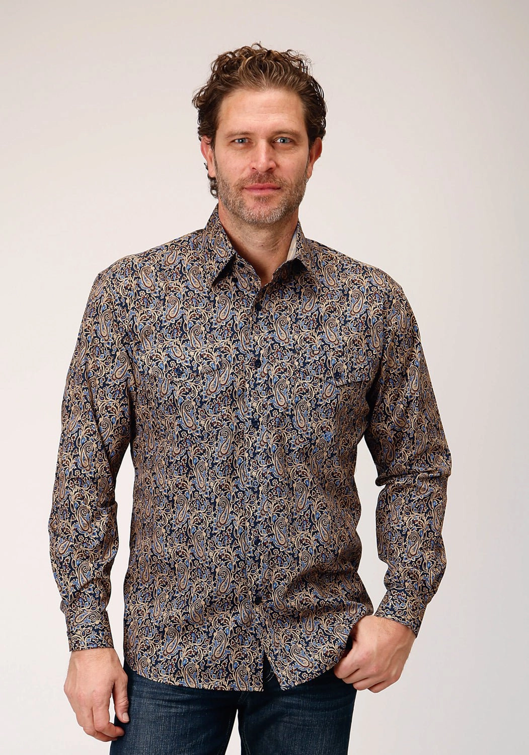 Roper Mens Vintage Paisley Blue 100% Cotton L/S Shirt Business Meeting