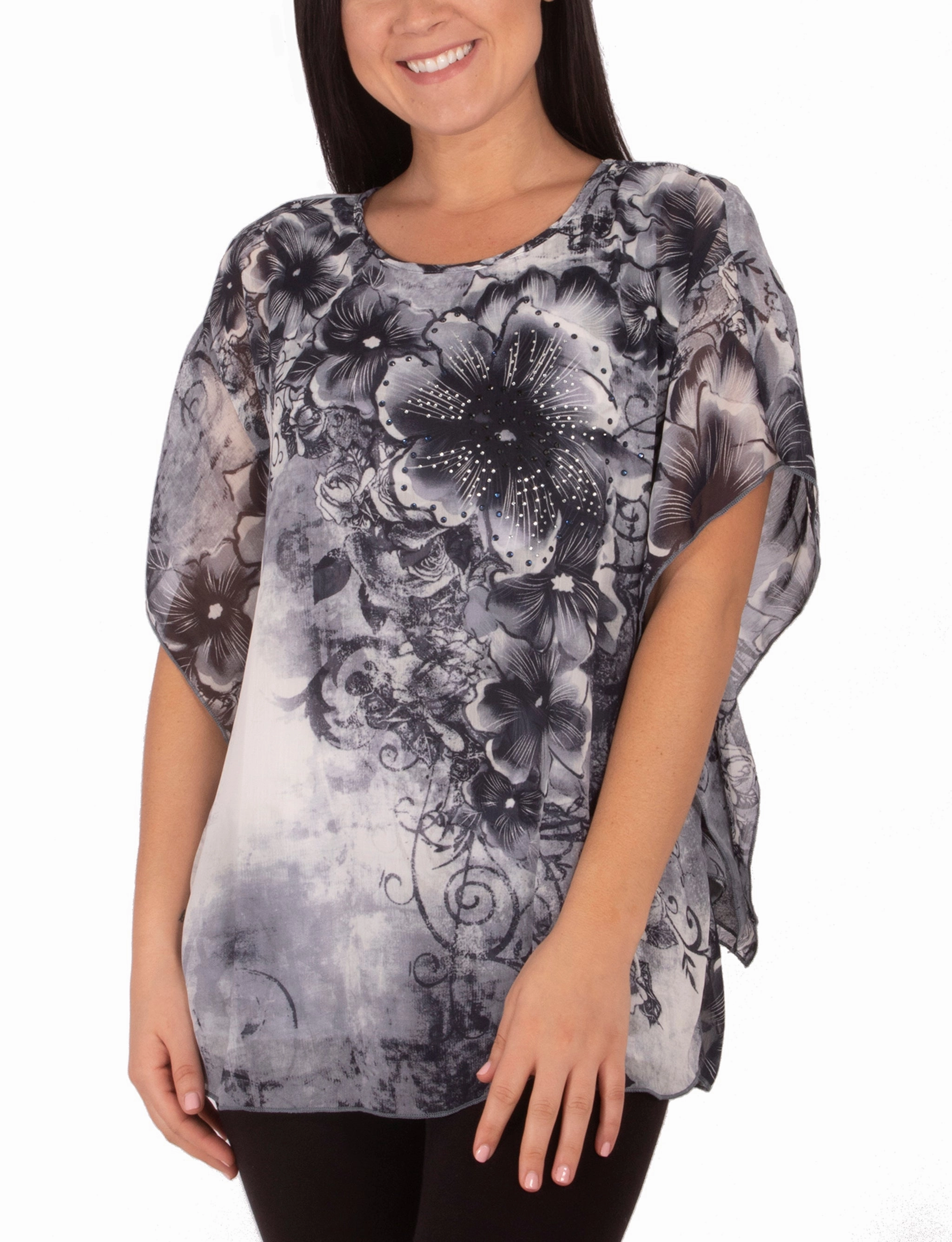 Summer Sweater Elasticated Hem Scoop Neck Poncho With Rhinestones