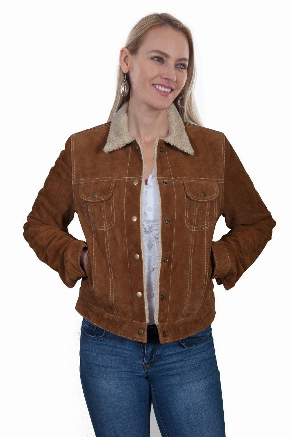 Sleek Layers Windbreaker Inspired Fit Scully Womens Cinnamon Suede Faux Fur Jean Jacket