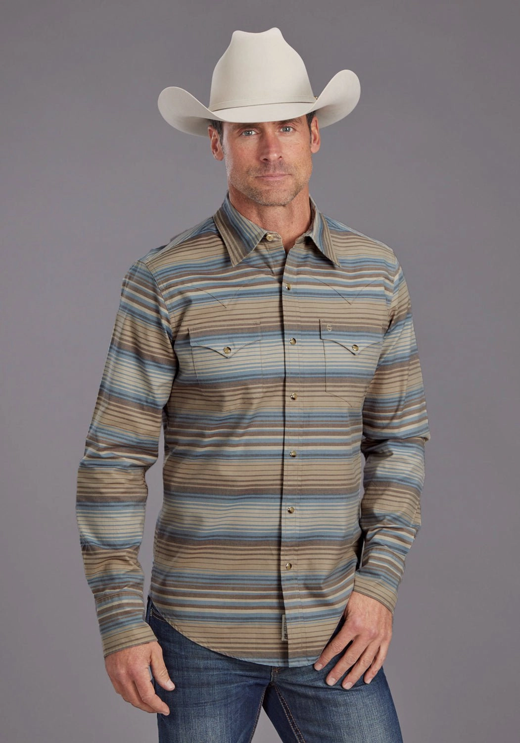 Stetson Mens Serape Stripe Sand/Indigo 100% Cotton L/S Shirt Cool Comfort