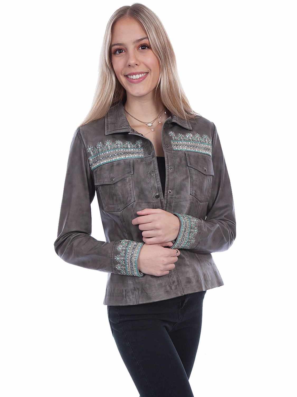 Scully Womens Vintage Beaded Grey Leather Leather Jacket Thermal Reflective Lining Work Tough