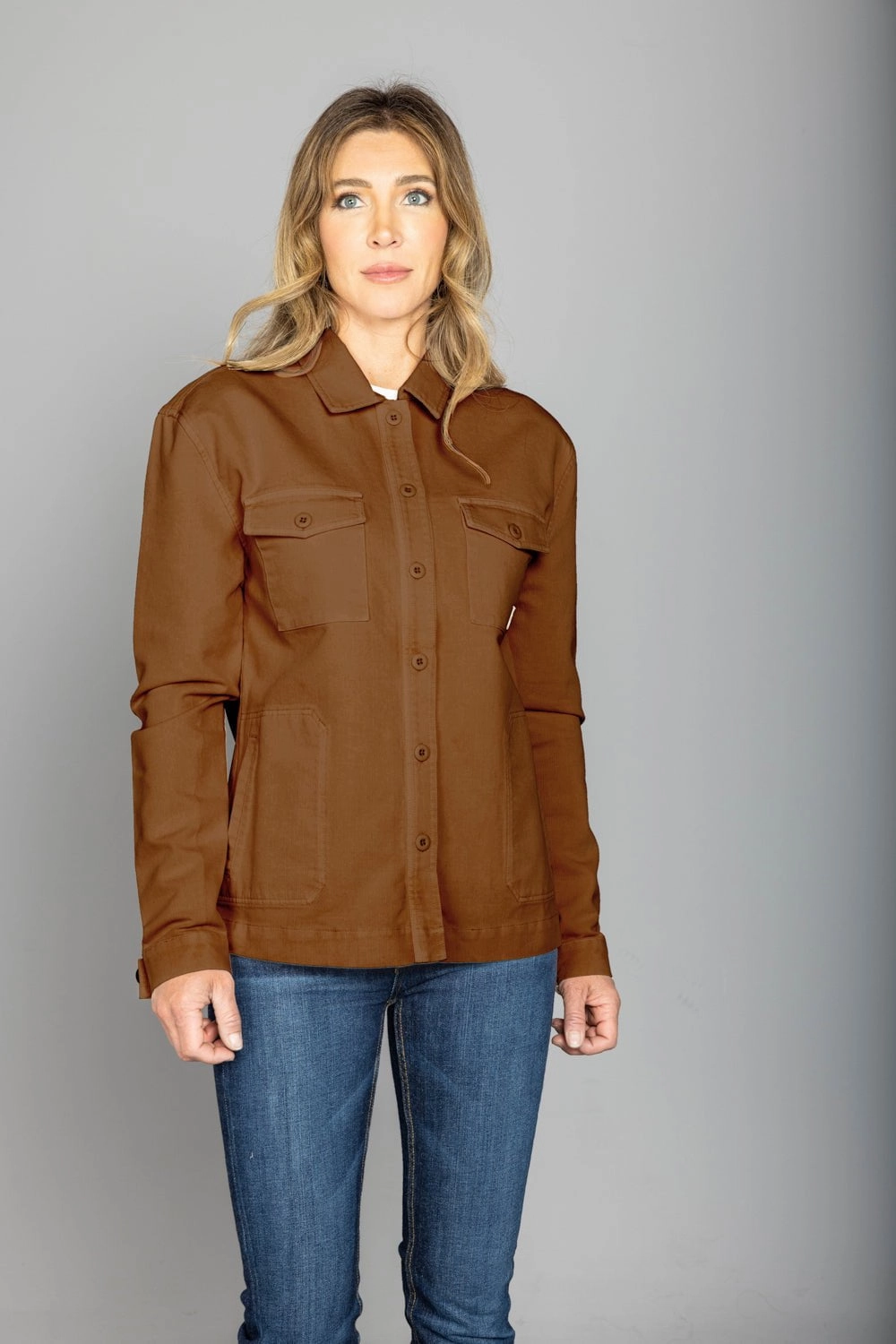 Kimes Ranch Womens Cloverleaf Shirt Work Wear Brown 100% Cotton Jacket Stain Resistant