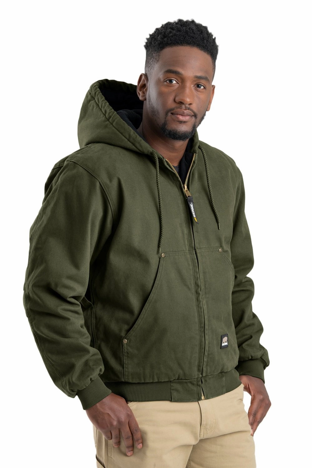 Berne Mens Cedar Green 100% Cotton Heartland Washed Hooded Jacket Durable AbrasionResistant Panels