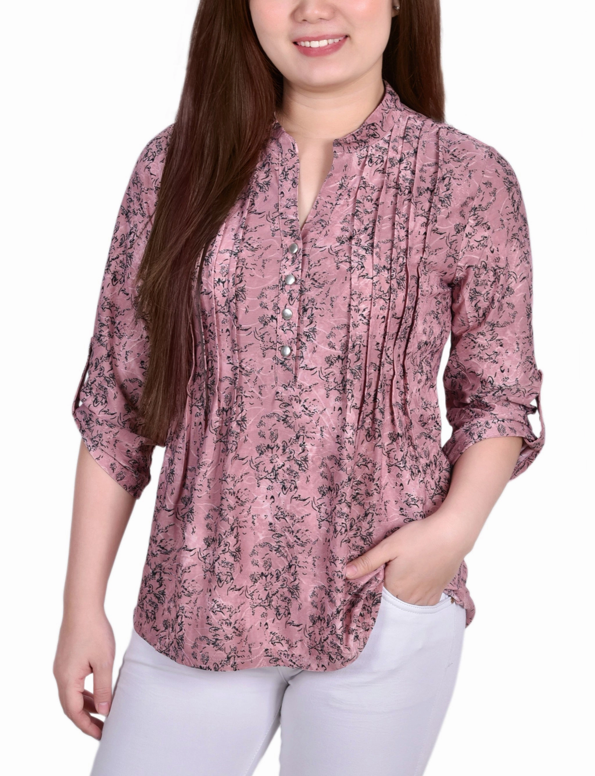 Elegant Look 3/4 Roll Tab Sleeve Y Neck Top