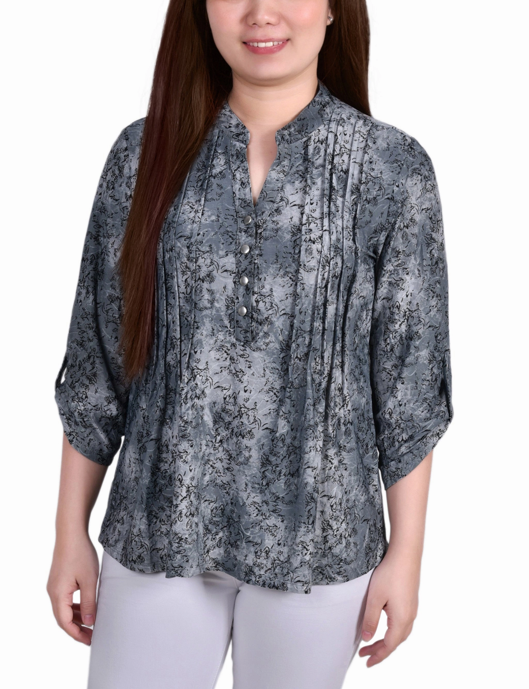 3/4 Roll Tab Sleeve Y Neck Top SeamlessSidePanels