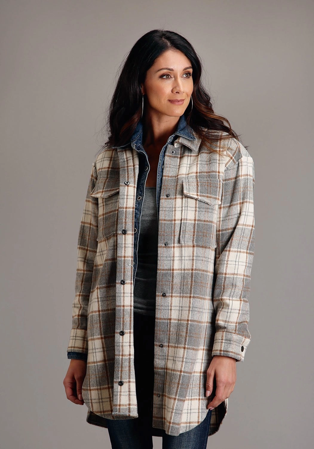 Stetson Womens Neutral Plaid Oversized Grey Poly/Wool Jacket Quick Dry Fabric