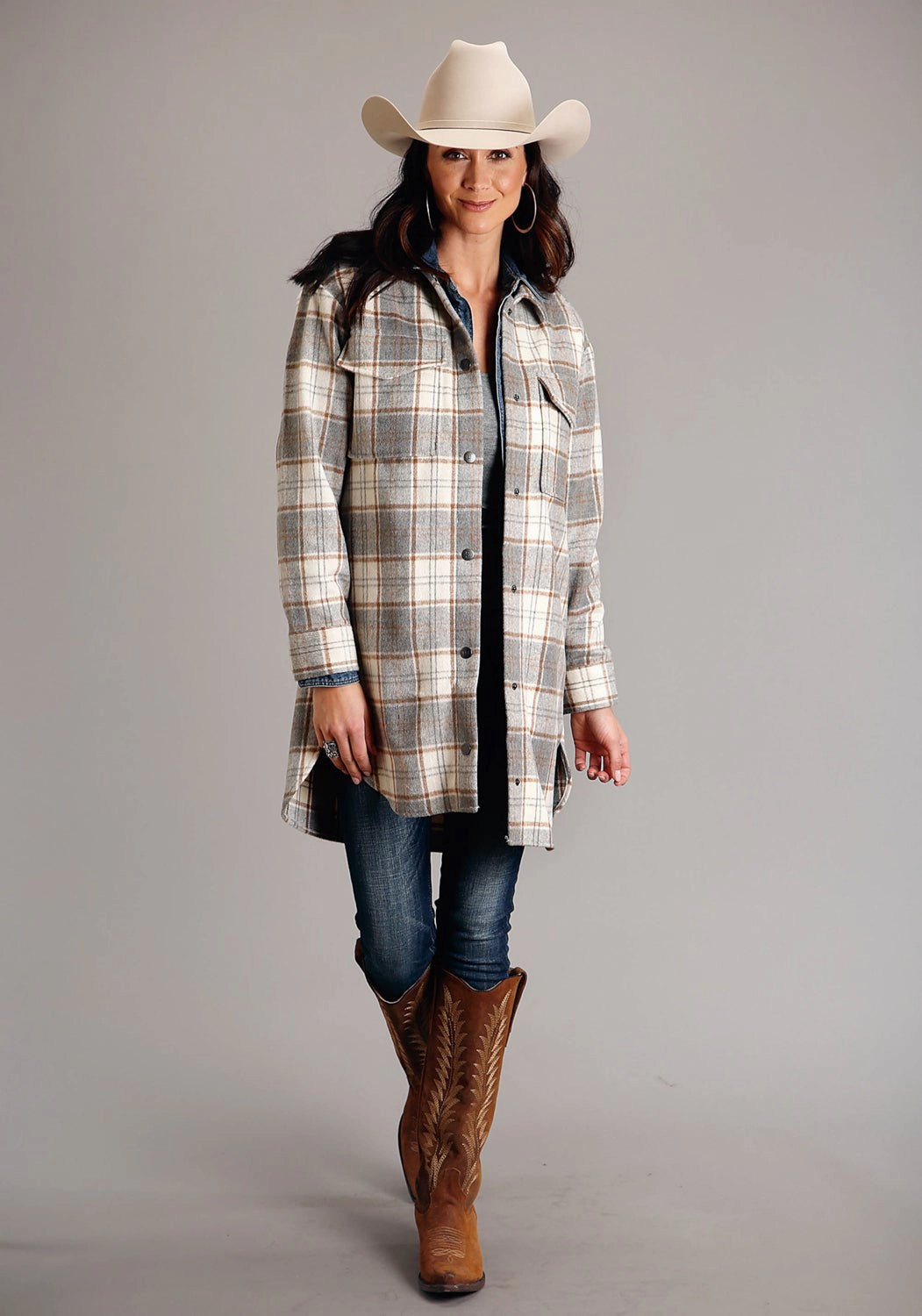 Wrinkle Free Fabric Stetson Womens Neutral Plaid Oversized Grey Poly/Wool Jacket