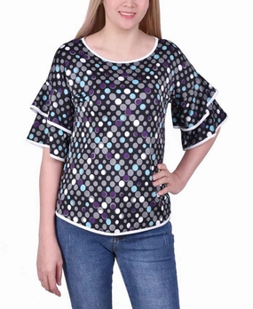 Multipanel Construction Textured Fabric Finish Petite Double Layer Elbow Sleeve Top