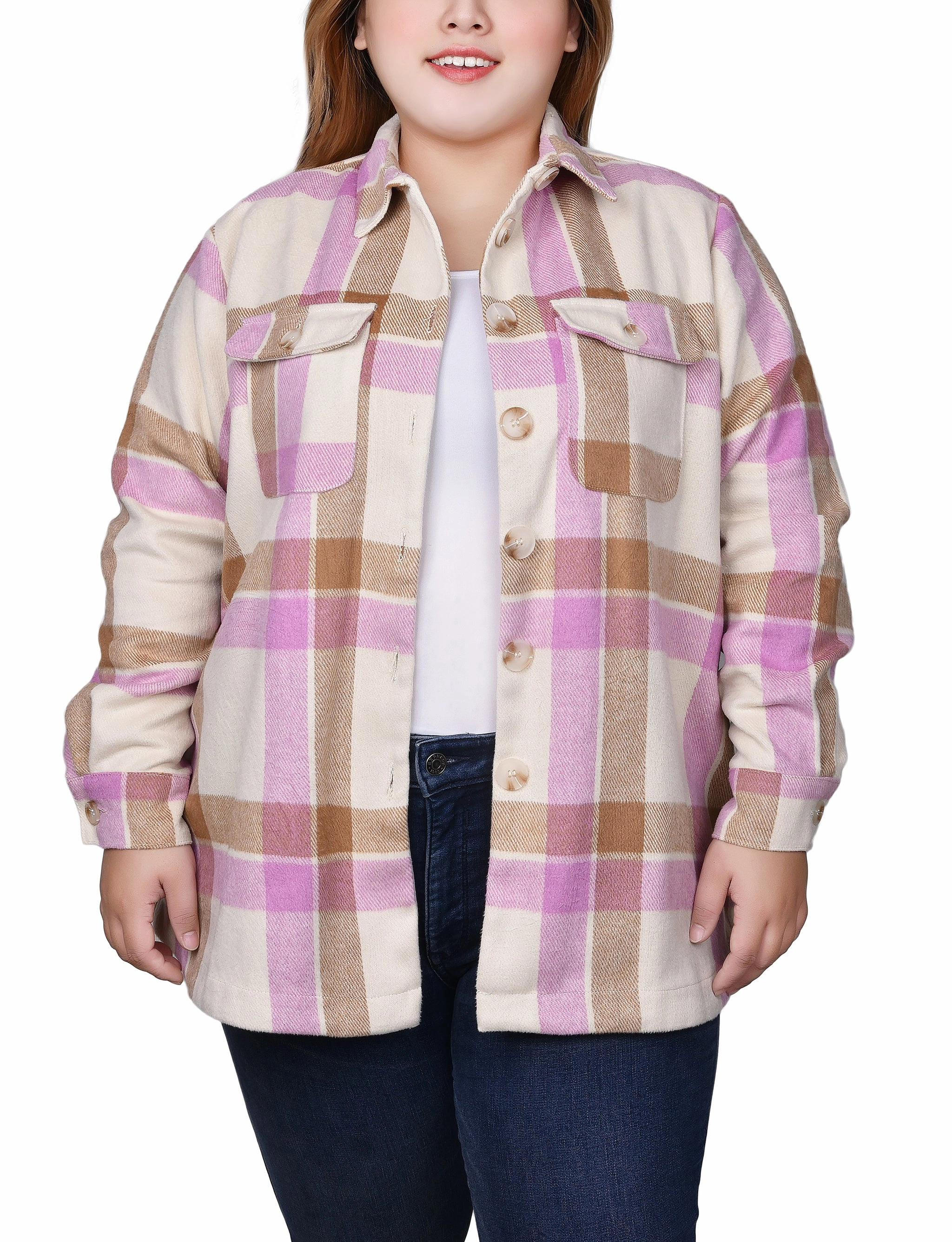 Plus Size Long Sleeve Calf-Length Twill Shirtjacket Smooth Seam Transition