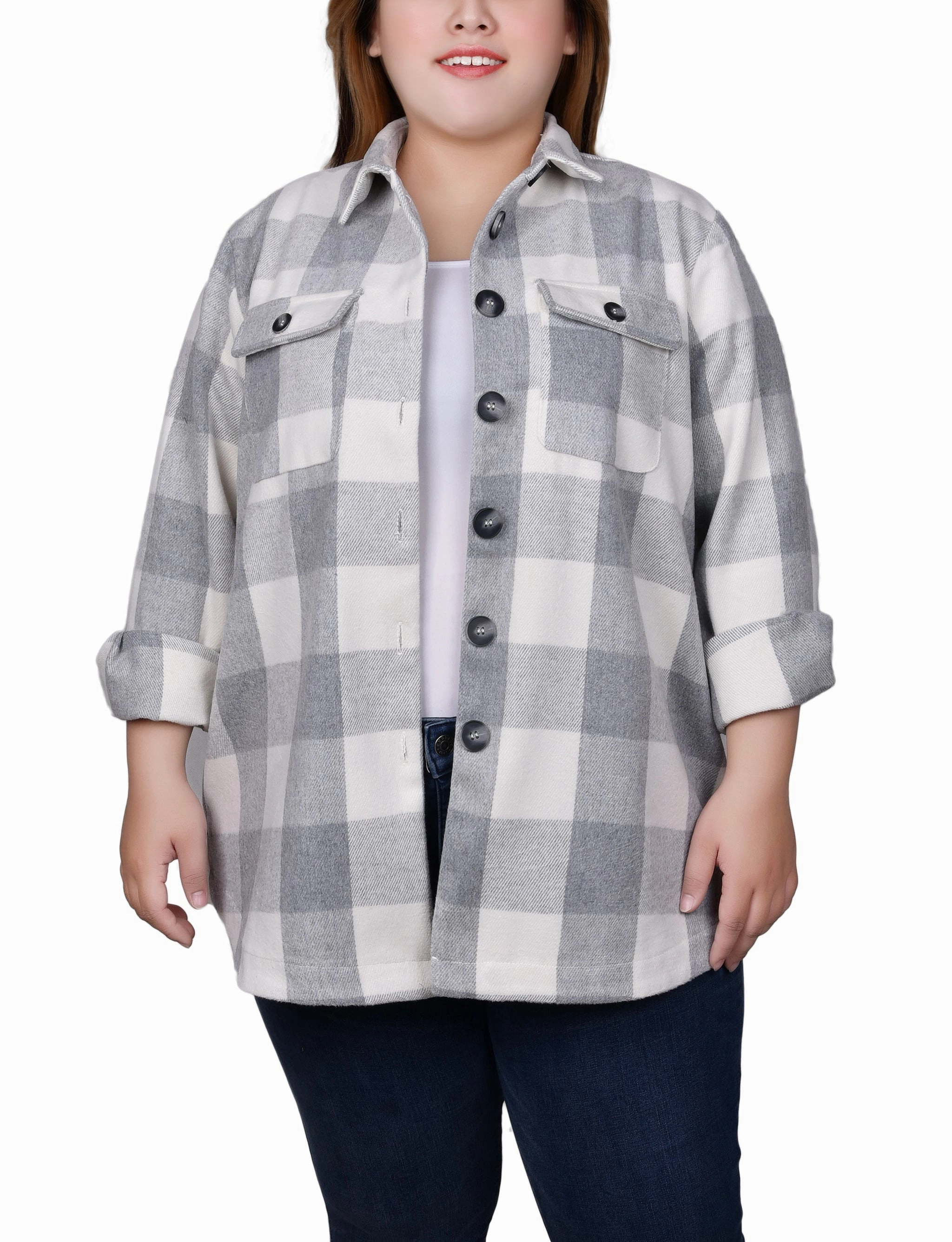 Plus Size Long Sleeve Calf-Length Twill Shirtjacket retro look