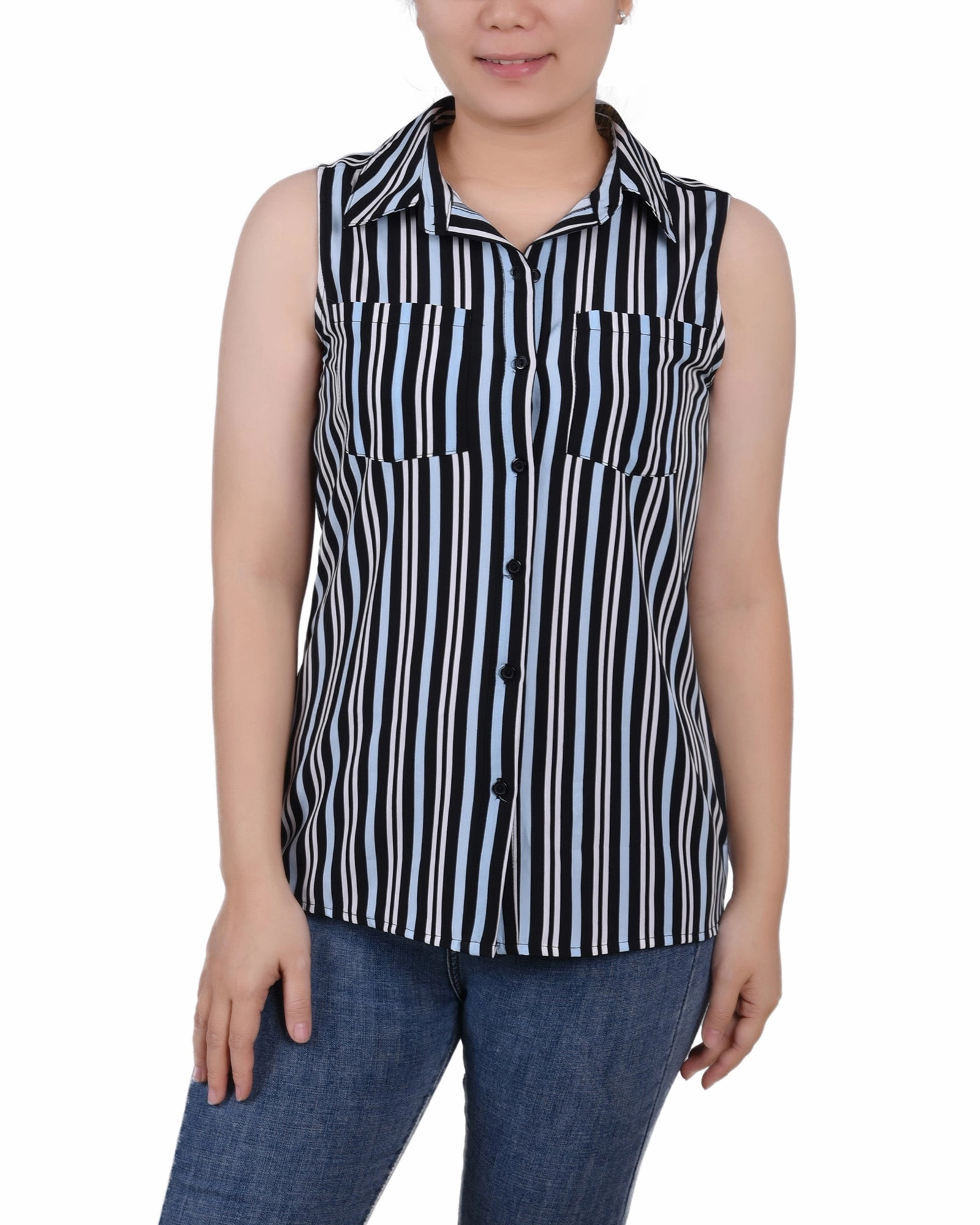 Sleeveless Notch Collar Button Front Blouse Formal Blouse YarnDyedQuality