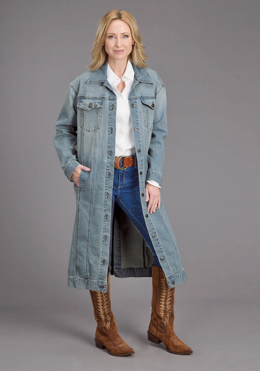 Water Resistant Fabric Stetson Womens Long Denim Button Front Blue Cotton Blend Cotton Jacket