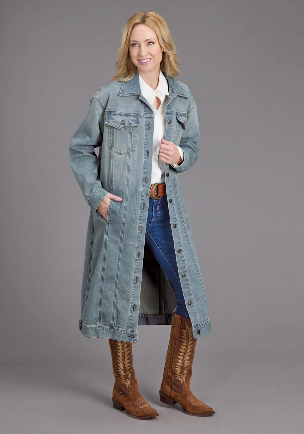 All Occasion Stetson Womens Long Denim Button Front Blue Cotton Blend Cotton Jacket