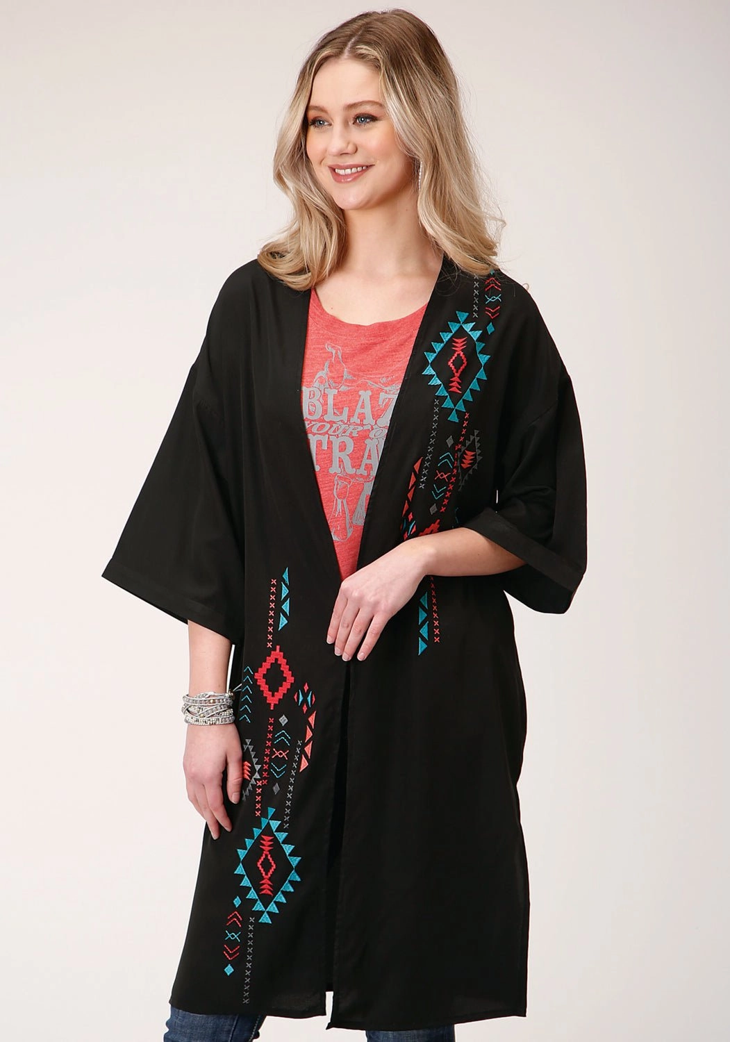 Roper Womens Black Polyester Southwestern Kimono Cardigan Breathable Technology