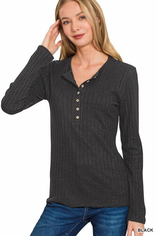 Lilah Ribbed Long Sleeve Button Down Top stain resistant coating