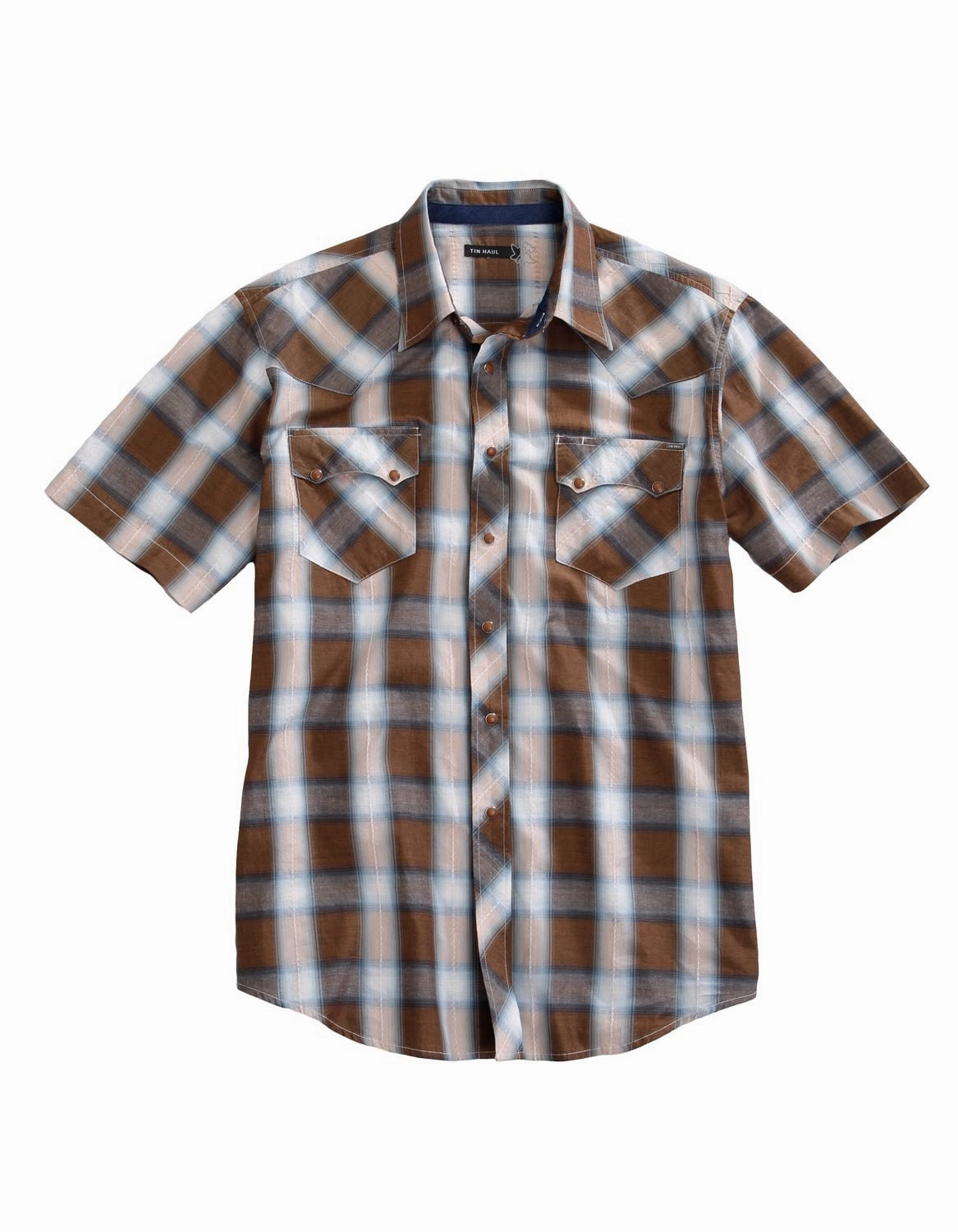 Tin Haul Mens Saddle Dobby Plaid Brown 100% Cotton S/S Shirt Snag Free Surface