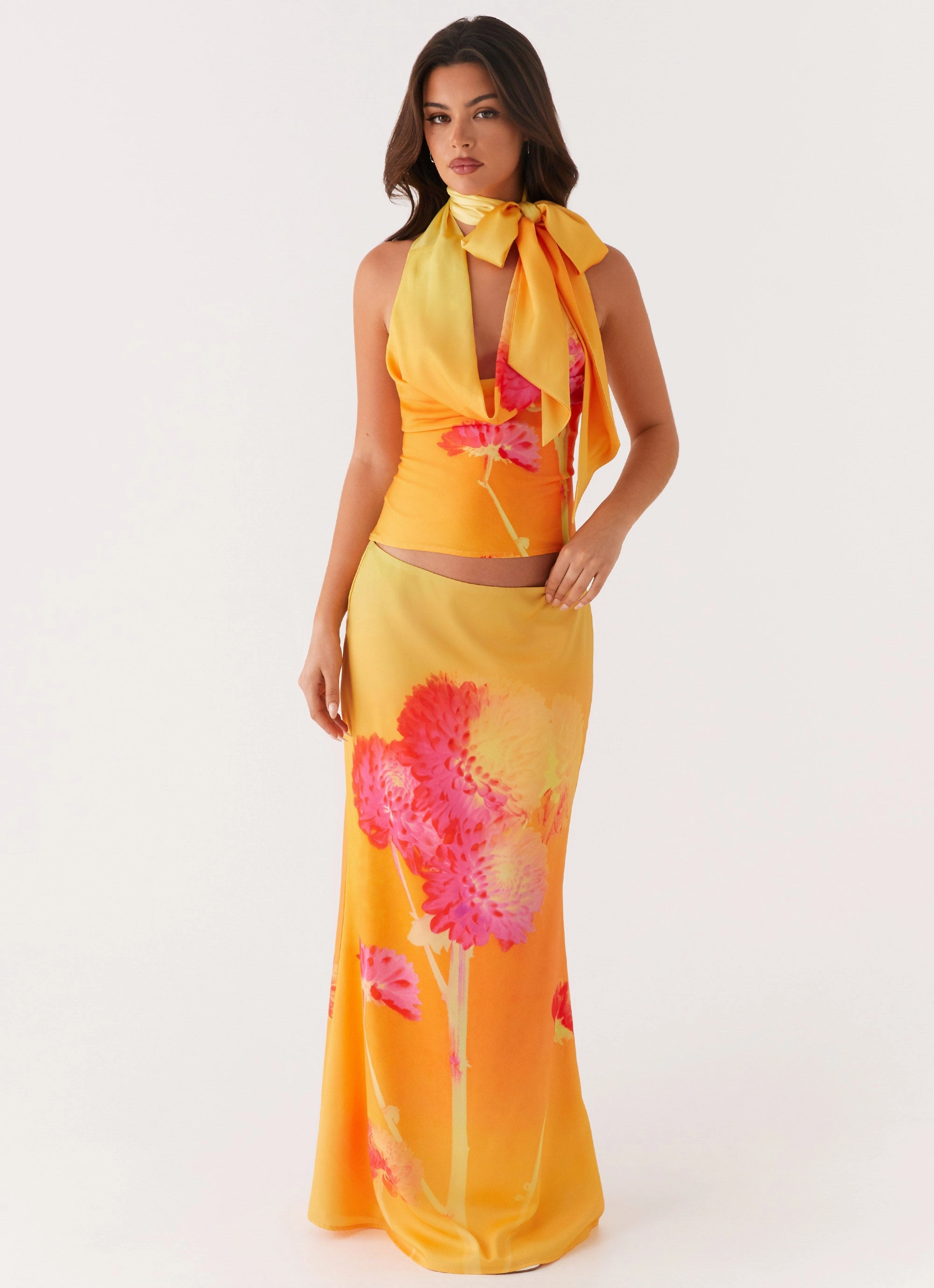 Nala Top - Orange Floral Adjustable Hemline WrinkleFree Weave
